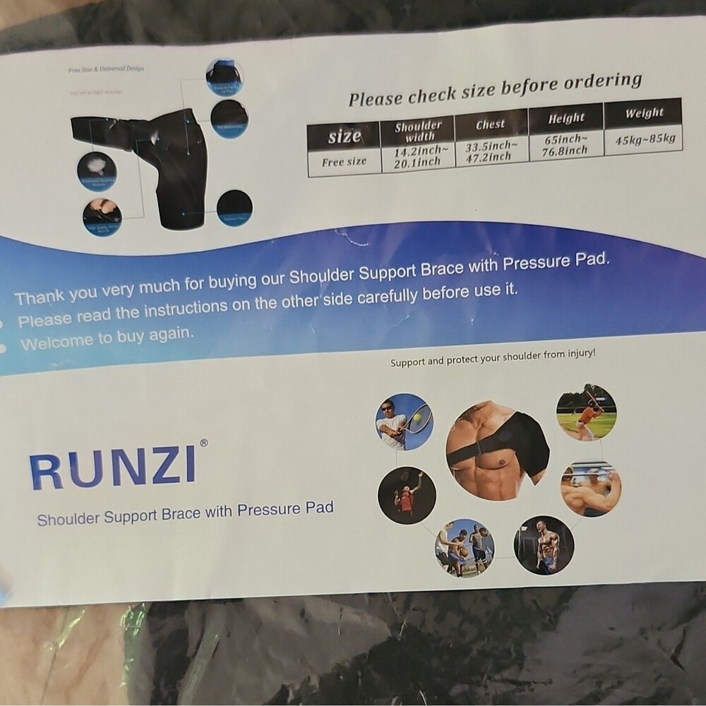RUNZI Shoulder Support Brace w/ Pressure Pad Adjustable Black Free Size